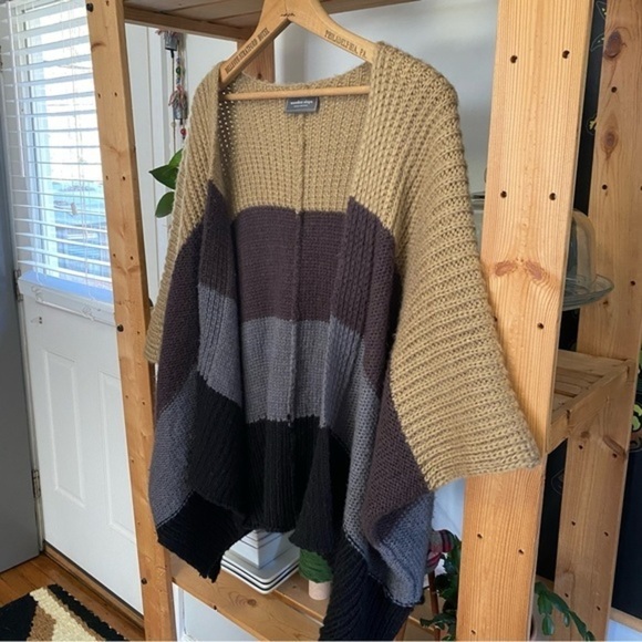 Wooden Ships Black Brown Color Block Mohair Wool Blend Open Front Knit Sweater - Picture 5 of 12